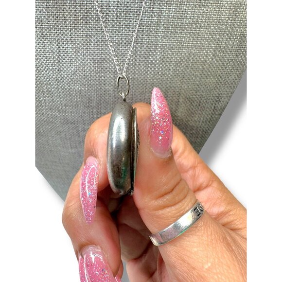 Antique Late 1800s Silver Religious Locket Pendant on Sterling Chain - Picture 8 of 13